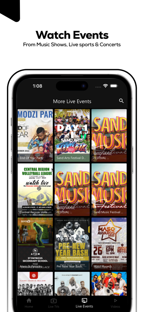 Kanema Online - Kanema Online app interface displaying live music shows sports and concerts