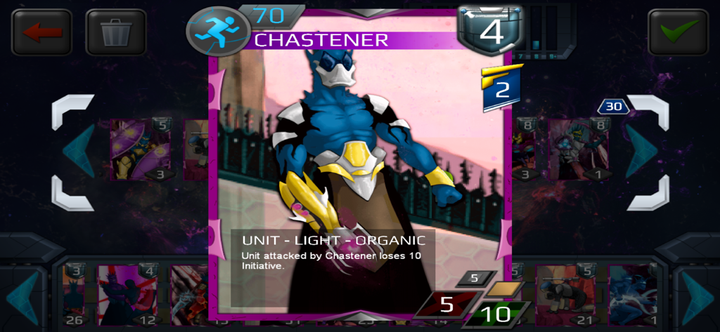BSoD CCG - A detailed view of the Chastener unit card in the BSoD CCG mobile strategy game showing its organic unit type and initiative debuff ability.