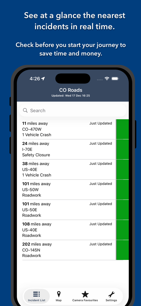 Colorado State Roads - A mobile app screen showing a list of Colorado traffic incidents sorted by proximity to the user