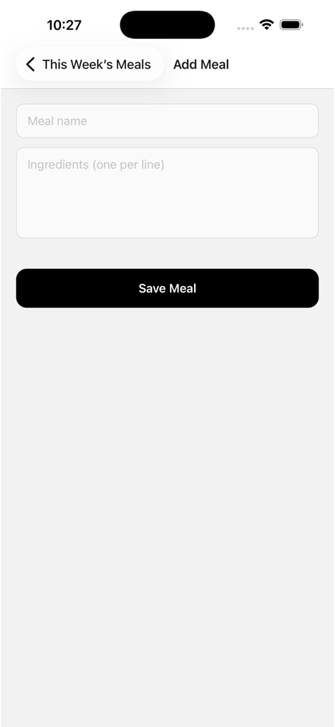 Meal Planner: Shopping List - Add meal screen with text fields for meal name and ingredients and a save button