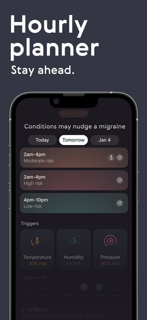 Relief - Migraine Tracker - Relief Migraine Tracker app hourly planner screen showing migraine risk levels and environmental triggers