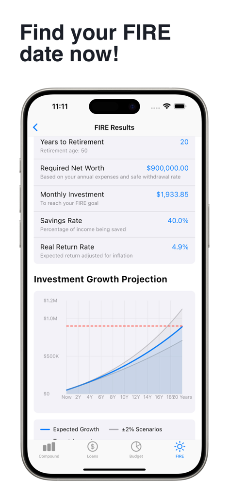 Financial Calculator: Compound - Interfaz que muestra los resultados de la calculadora FIRE con años de jubilación, patrimonio neto requerido y gráfico de crecimiento de inversiones