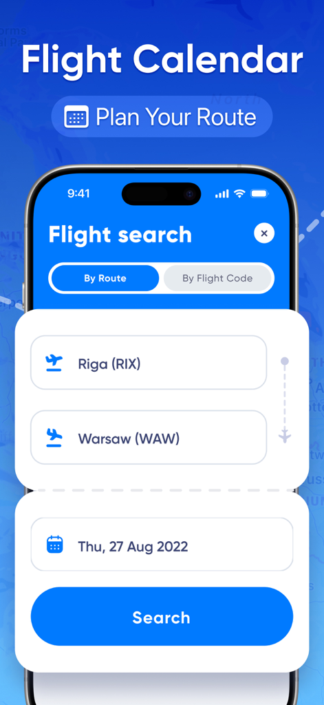 Flight Tracker・Air Plane Radar - 日付選択を備えたリガからワルシャワへのルートを示すフライト検索インターフェース。