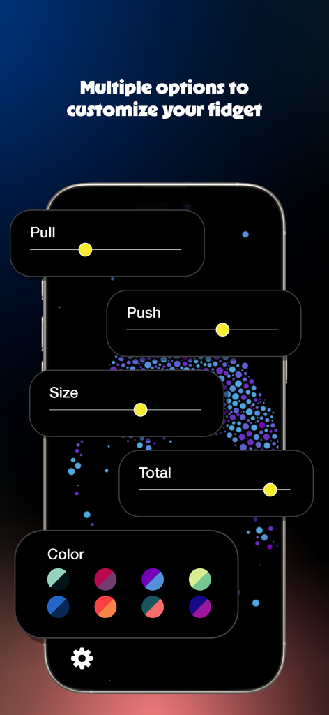 Stimmy Force - Mobile screen showing customization sliders for pull push size and color in the Stimmy Force app