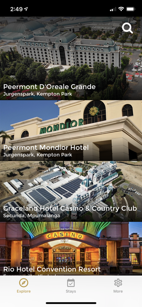 Peermont Hotels - Peermont Hotels app explore tab featuring luxury hotel and casino properties