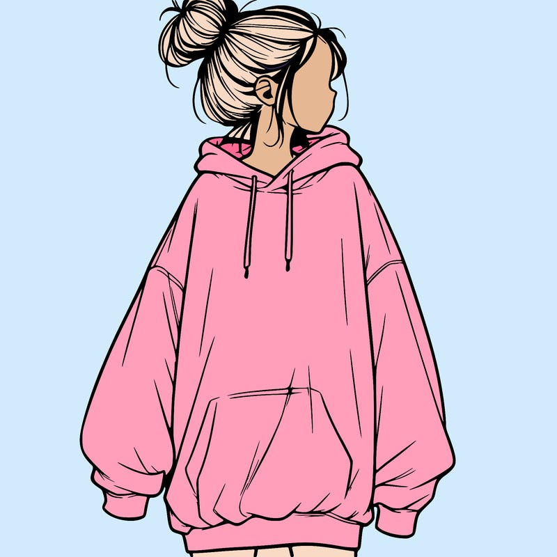realistic girl with a oversized sweatshirt on and a bun