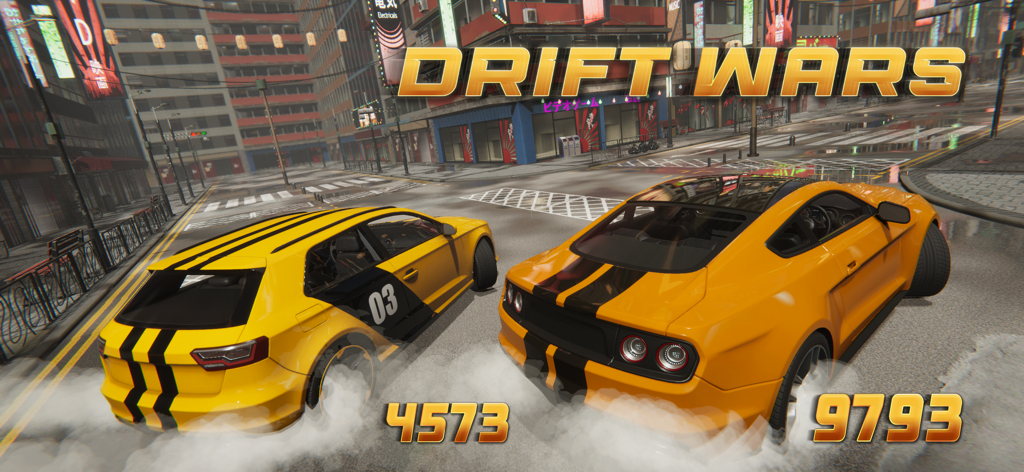 Online Drift Arena - Two yellow sports cars with black racing stripes drifting on a city street in Drift Wars mode.