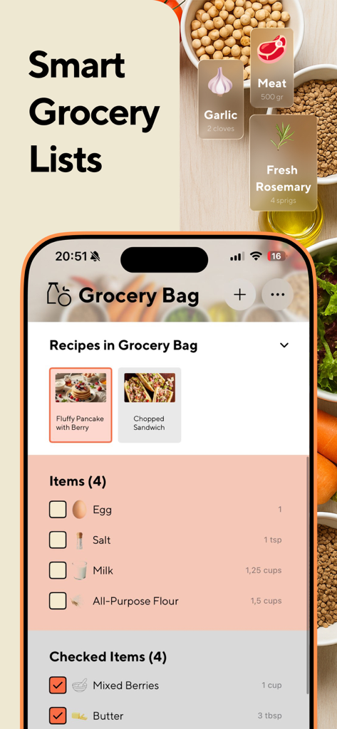 Recipe Keeper: RecipeSnap - Smart grocery list interface in the RecipeSnap app featuring ingredient checklists and recipe categorization