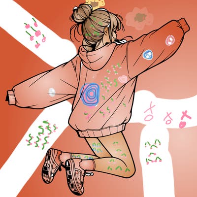 realistic girl jumping with a bun and oversized sweatshirt