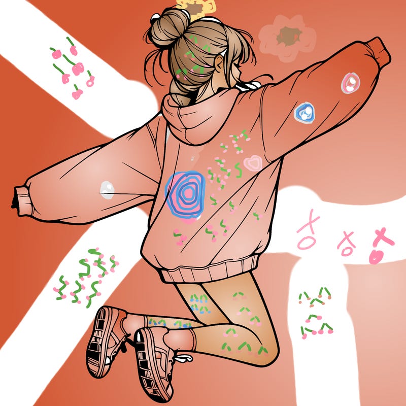 realistic girl jumping with a bun and oversized sweatshirt
