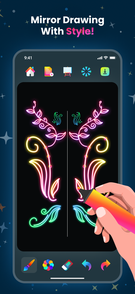 Hand drawing a symmetrical neon floral design using the mirror tool