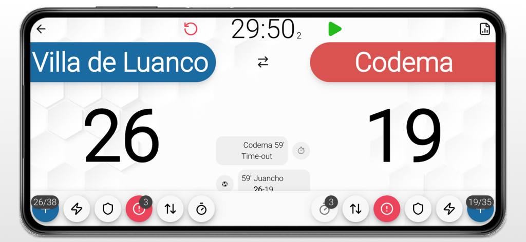 Digital handball scoreboard app showing live match score and team statistics