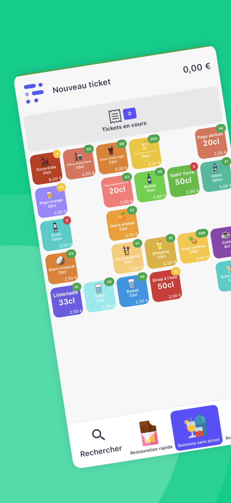 Interface de l'application mobile Shopcaisse Pad affichant un menu numérique avec diverses options de boissons pour une saisie rapide des commandes
