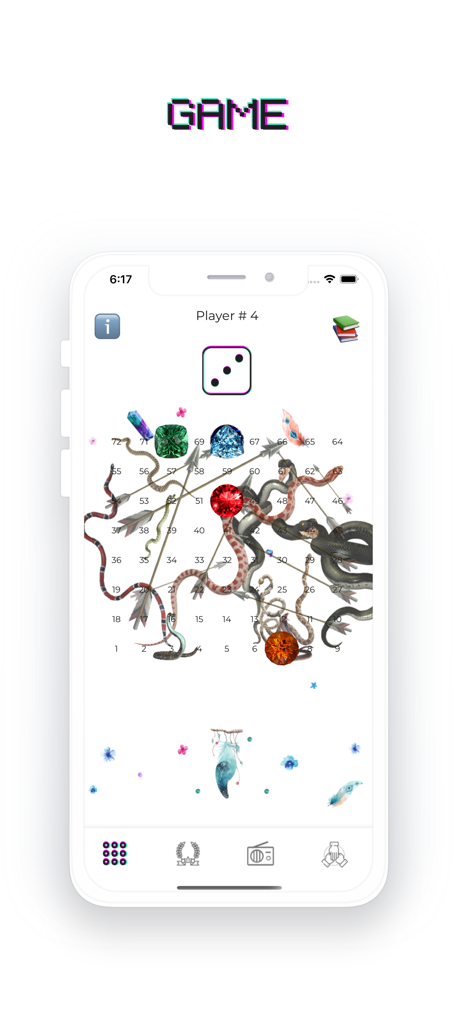 Leela Chakra Ai mobile app game interface featuring a numbered spiritual board with snakes arrows and gems.