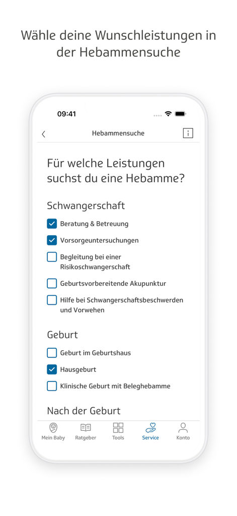 TK-BabyZeit - Midwife search service selection screen in the TK-BabyZeit app showing pregnancy and birth support options.