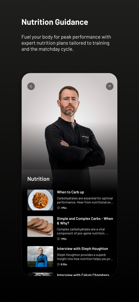 STATSports app Nutrition Guidance screen featuring expert meal plans and athlete diet tips for soccer players