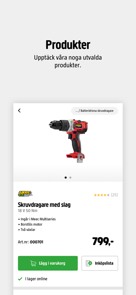 Jula - Uma página de produto na app Jula mostrando um berbequim de impacto sem fios com preço e botões de adicionar ao carrinho