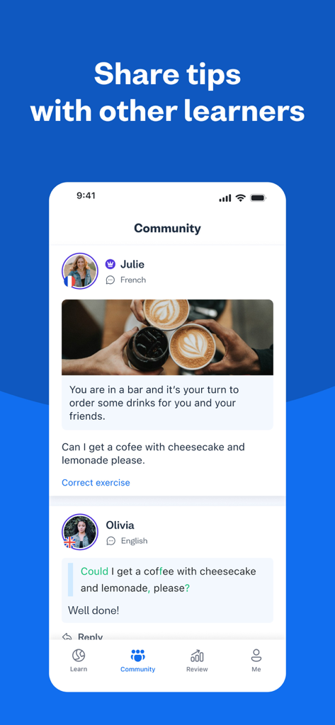 Écran de téléphone portable affichant la communauté Busuu où les utilisateurs donnent leur avis sur les exercices de langue.