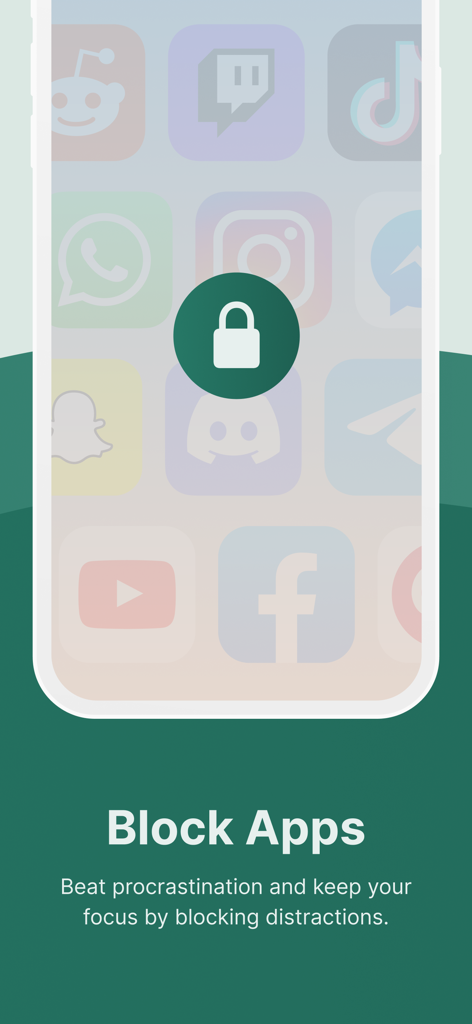 Flow: Focus & Pomodoro Timer - Interfaz de la aplicación Flow mostrando un ícono de candado sobre íconos de redes sociales para ilustrar la función de bloqueo de aplicaciones