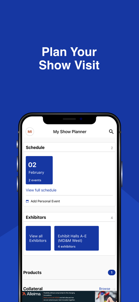 MD&M West 2026 - MD&M West 2026 mobile app interface showing the My Show Planner feature with schedule and exhibitors list
