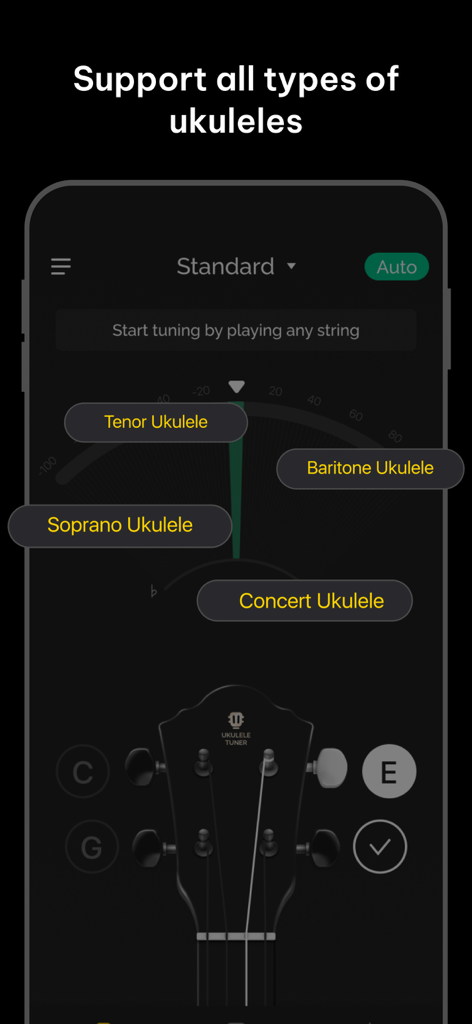 Ukulele Tuner: tune & chords - Ukulele Tunerアプリインターフェースのソプラノ、コンサート、テナー、バリトンウクレレのサポートを表示