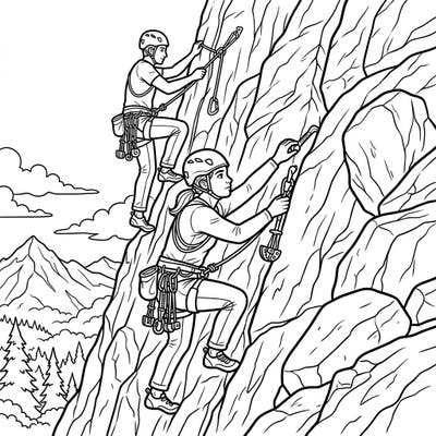 Embark on an epic outdoor journey with this exciting kids' rock climbing coloring page! Featuring two adventurous climbers, it's perfect for inspiring young explorers to reach new heights.