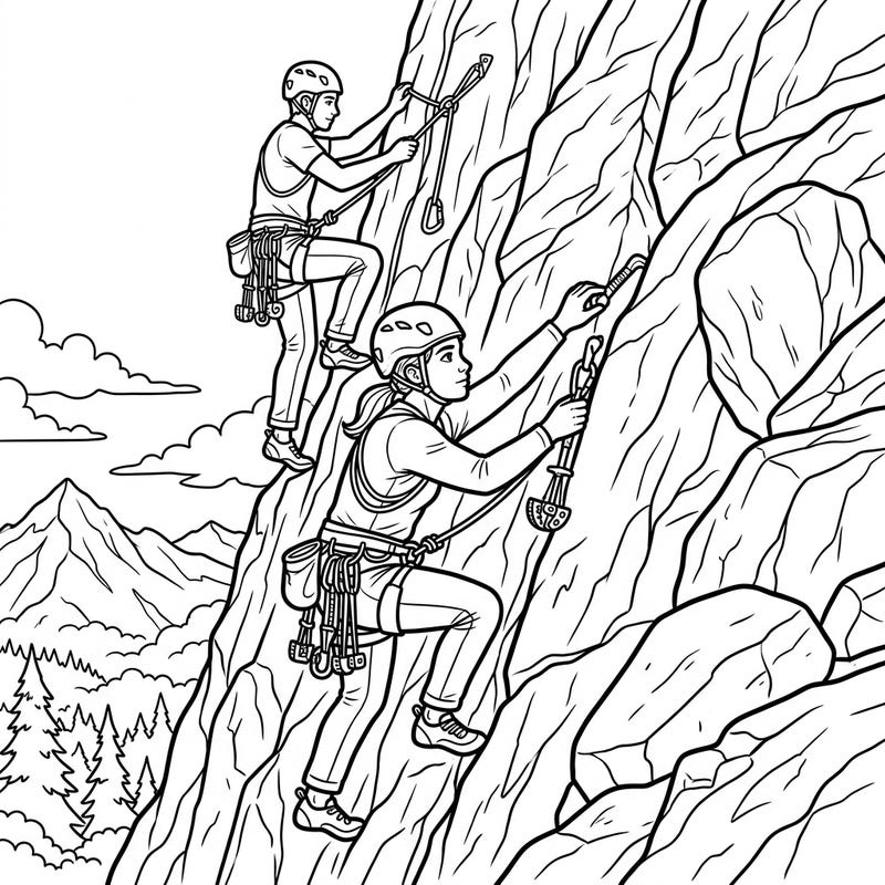 Embark on an epic outdoor journey with this exciting kids' rock climbing coloring page! Featuring two adventurous climbers, it's perfect for inspiring young explorers to reach new heights.