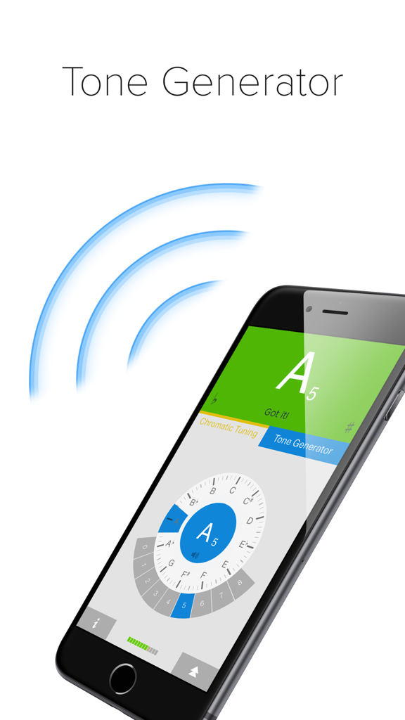 insTuner Free - Chromatic Tuner - insTuner chromatic tuner mobile app displaying the tone generator interface with a fixed note wheel on an iPhone