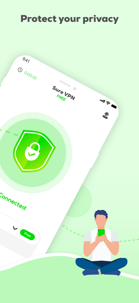 SureVPN: Fast & Secure VPN - SureVPN app screen showing a green shield icon and connected status under the headline Protect your privacy.
