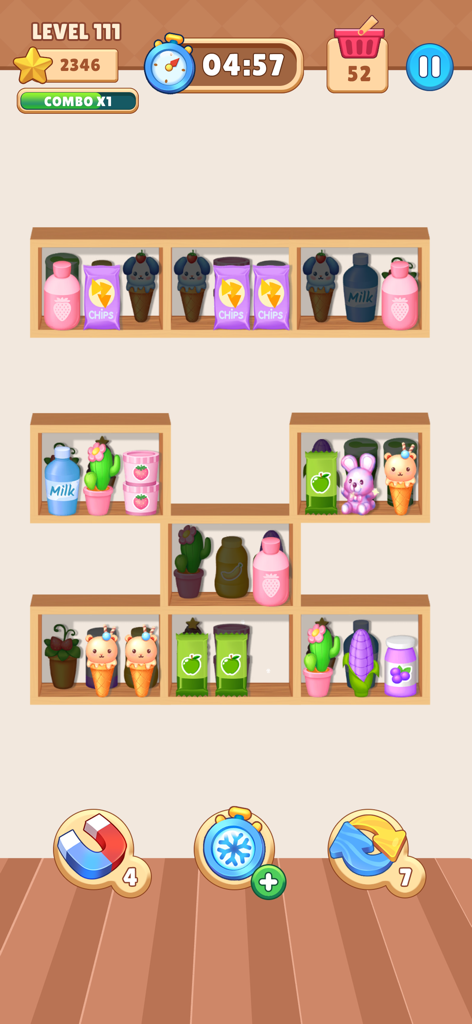A screenshot of Match Goods Sorting Challenge showing various grocery items on shelves ready to be matched