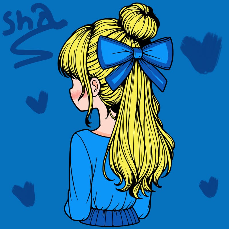 realistic girl  with hip length hair a bun and a big bow on the back of head
