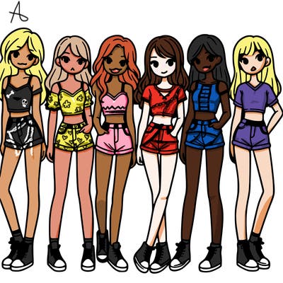 a group of girls wearing crop tops and shorts