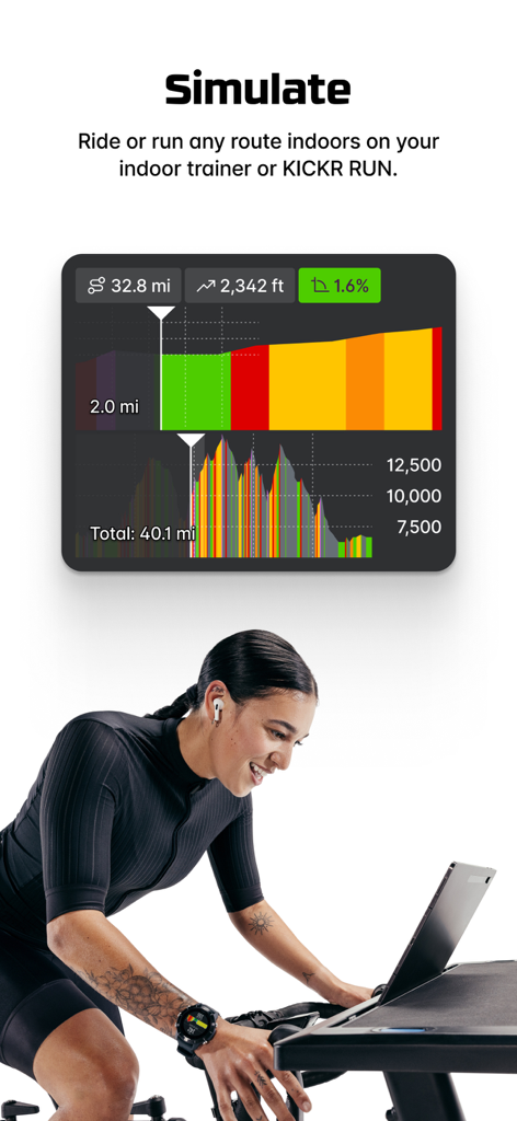 Wahoo - A woman using the Wahoo app on an indoor smart trainer to simulate a cycling route with detailed performance data