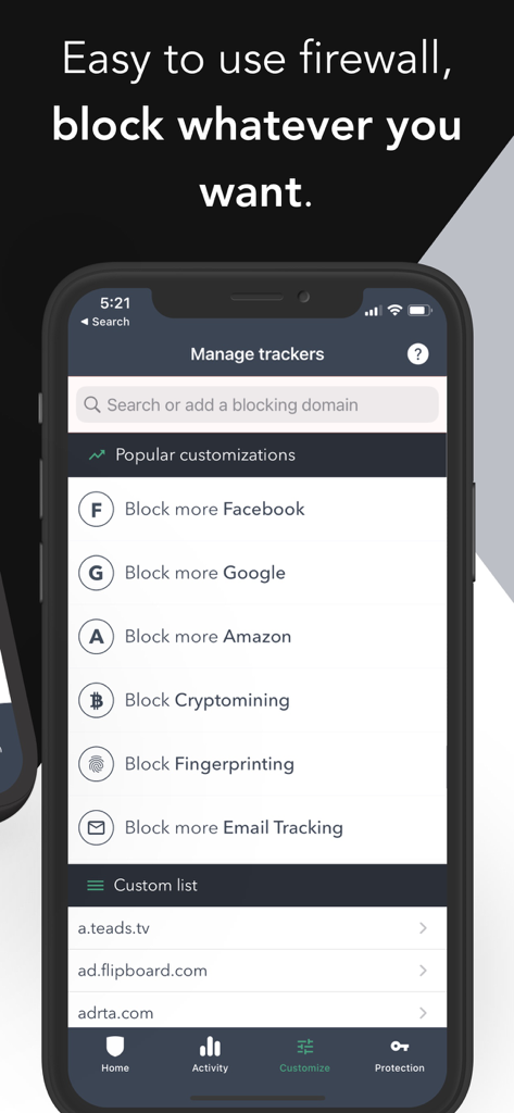Disconnect Premium VPN - Disconnect Premium VPN firewall interface showing options to block Facebook Google and Amazon trackers