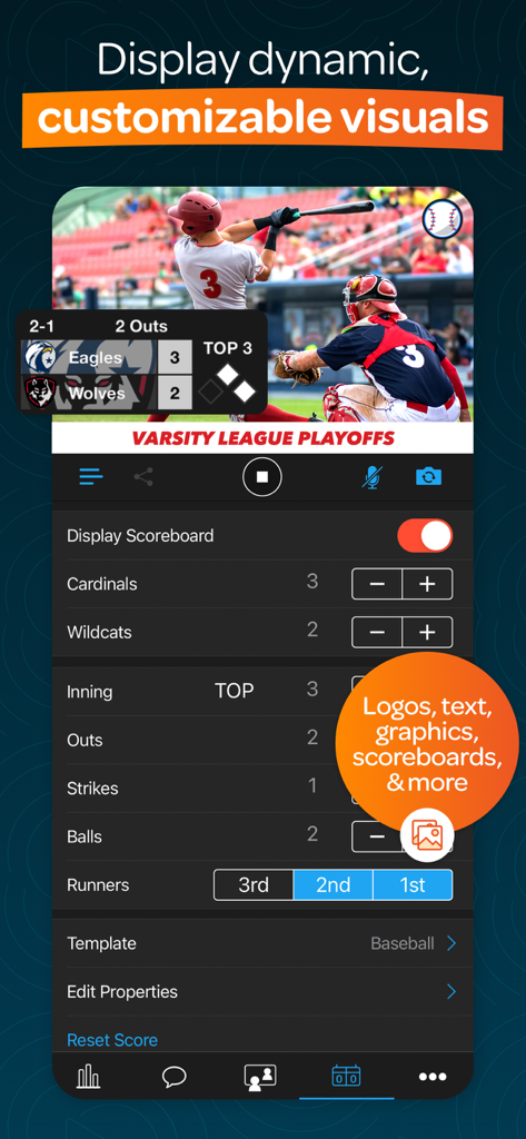Switcher: Live Streaming App - ダイナミックなグラフィックとカスタマイズ可能なスコアボードを備えたライブ野球ストリームを表示するSwitcherアプリインターフェース