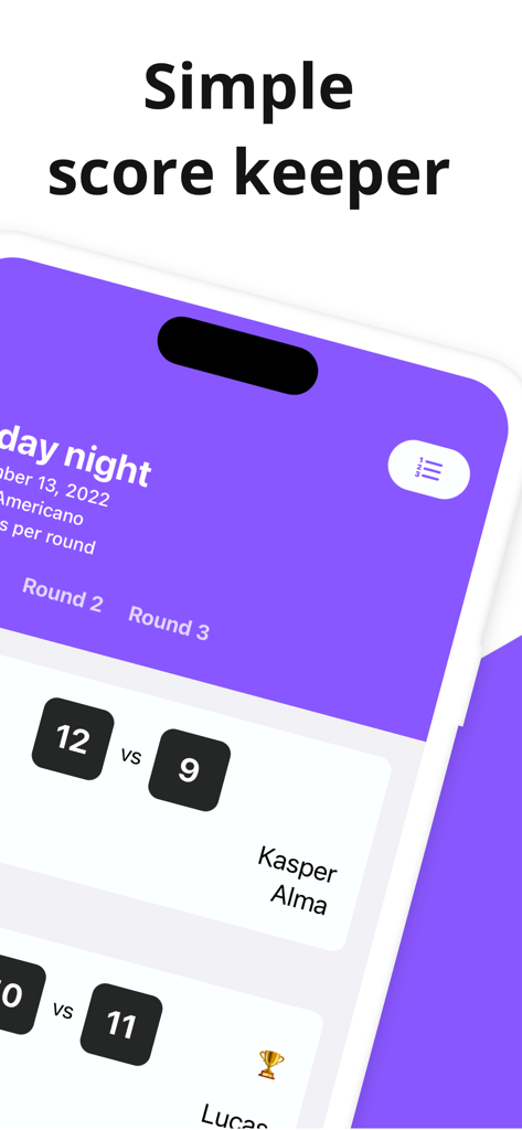 Interface simple de suivi des scores dans l'application Padel Americano montrant les points des matchs