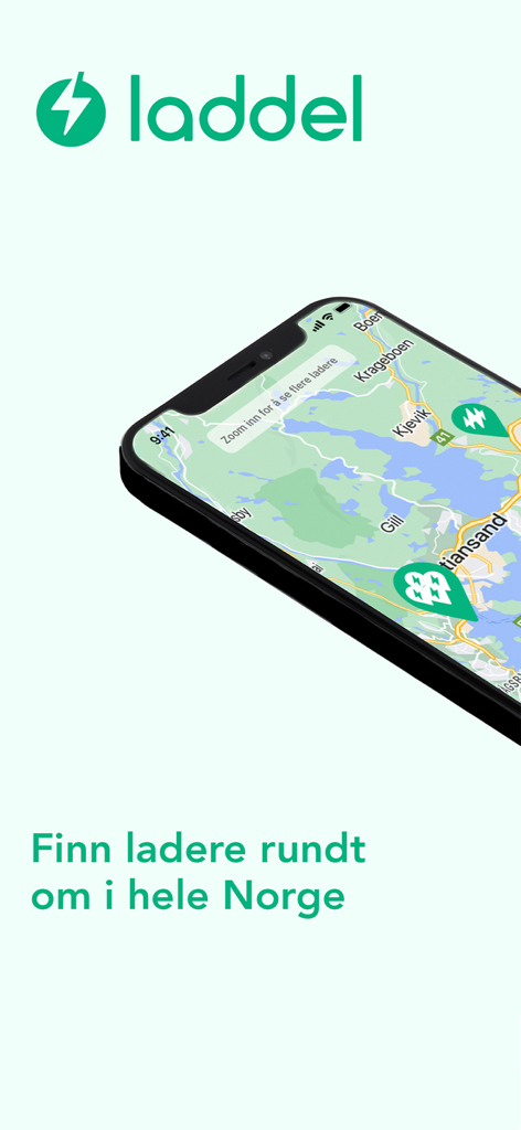 Laddel - Smartphone screen displaying the Laddel app map with EV charging station locations in Norway