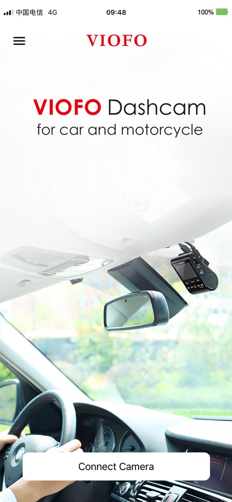 VIOFO - VIOFO dashcam app home screen showing a camera mounted in a car and a button to connect camera