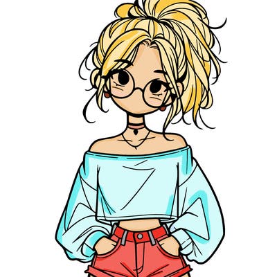 girl with a messy ponytail glasses a baggy crop top and jean shorts