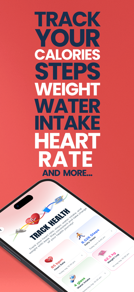 Interfaz de la aplicación Fitpass que muestra métricas de seguimiento de salud para pasos, frecuencia cardíaca, peso e ingesta de agua.