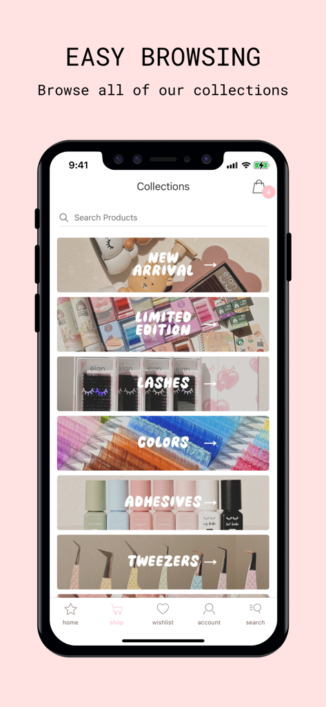 Mobile app screen showing various lash product collections like lashes, adhesives, and tweezers from elan beaute