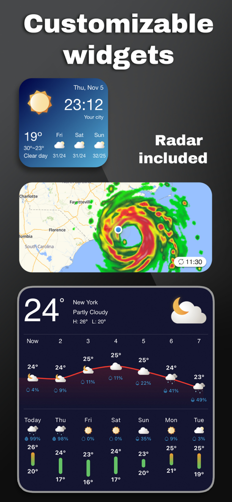 Customizable weather widgets and interactive radar map showing a hurricane in the SkyFlip app.
