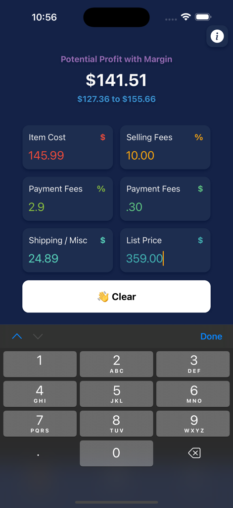 With Margin app screen displaying a potential profit calculation for a resold item with fields for cost, fees, and shipping.