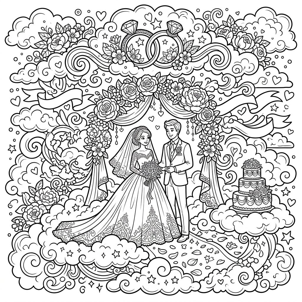 Wedding Celebration Amidst Cumulus Clouds Coloring Page