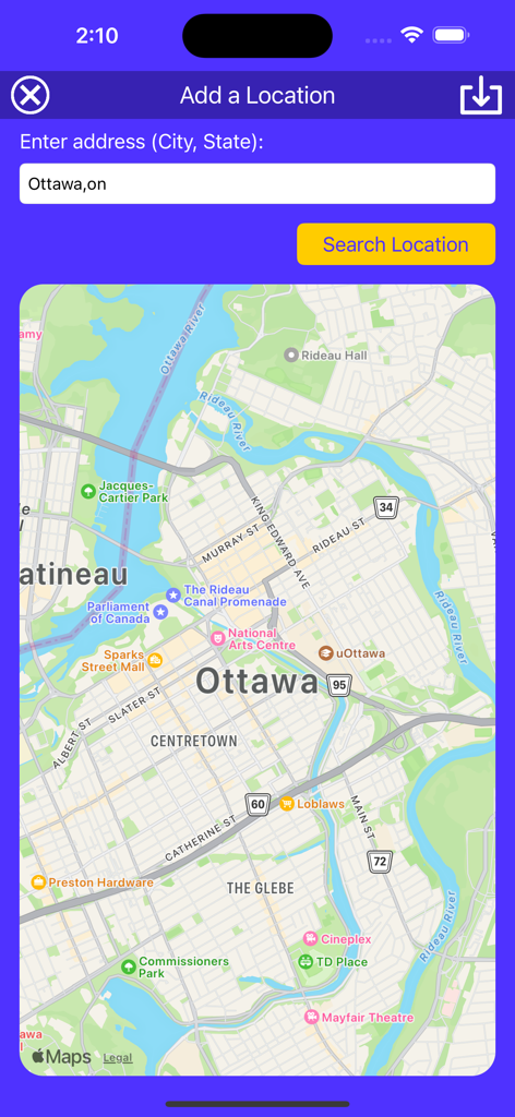 Racing Weather - Add a location screen with map search in the Racing Weather app