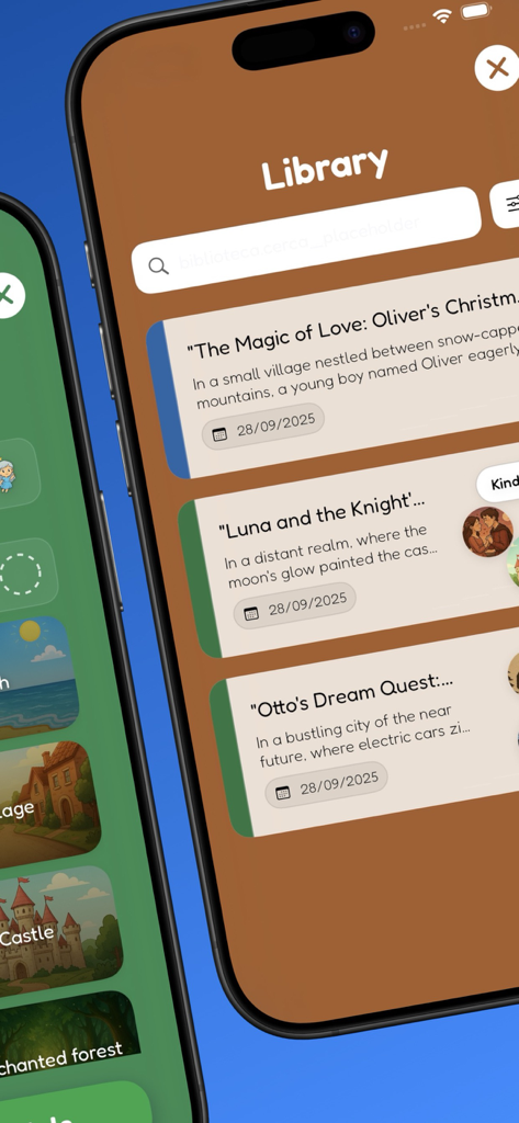 Bookye - Interfaz de la aplicación Bookye que muestra una biblioteca de cuentos personalizados de IA y selecciones de temas creativos como castillo y bosque encantado