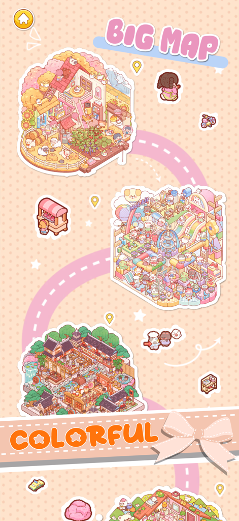 Tiny Sticker Home Decor - Big map screen showing colorful sticker rooms and level path
