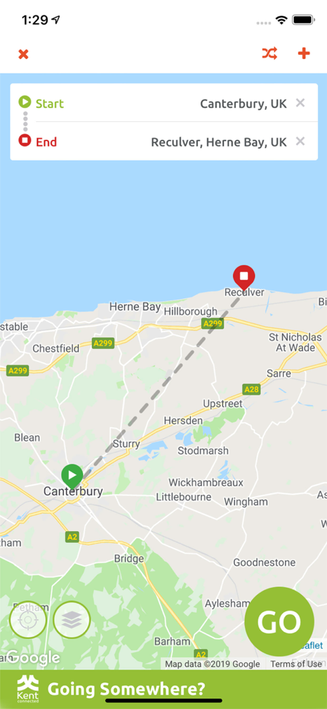 Kent Connected - Kent Connected App-Oberfläche, die eine Reiseroute auf einer Karte von Canterbury nach Reculver anzeigt
