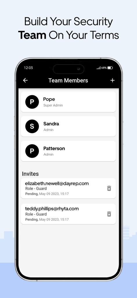 A mobile screen showing the team member list and pending invites for security guards