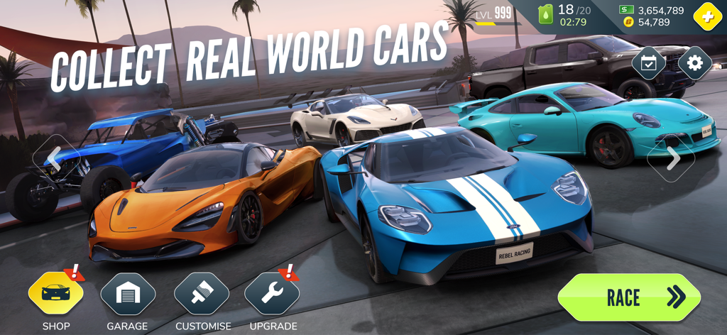 A lineup of licensed supercars in the Rebel Racing game menu